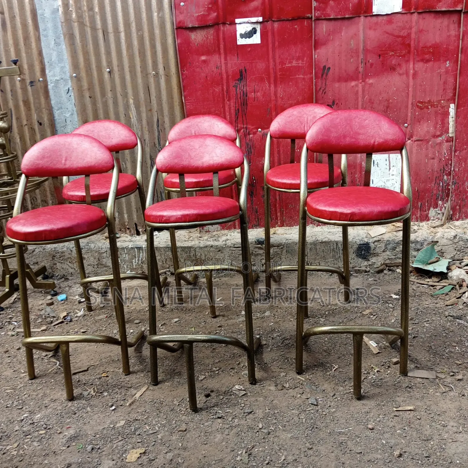 Bar High Stools,Red Leather Faux Fabric With Antique Gold Metal Frame.