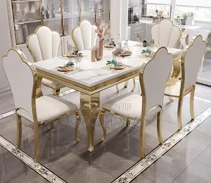Home Dining Set; 6-Seat Modern Dining Set, Marble Surface Gold Base