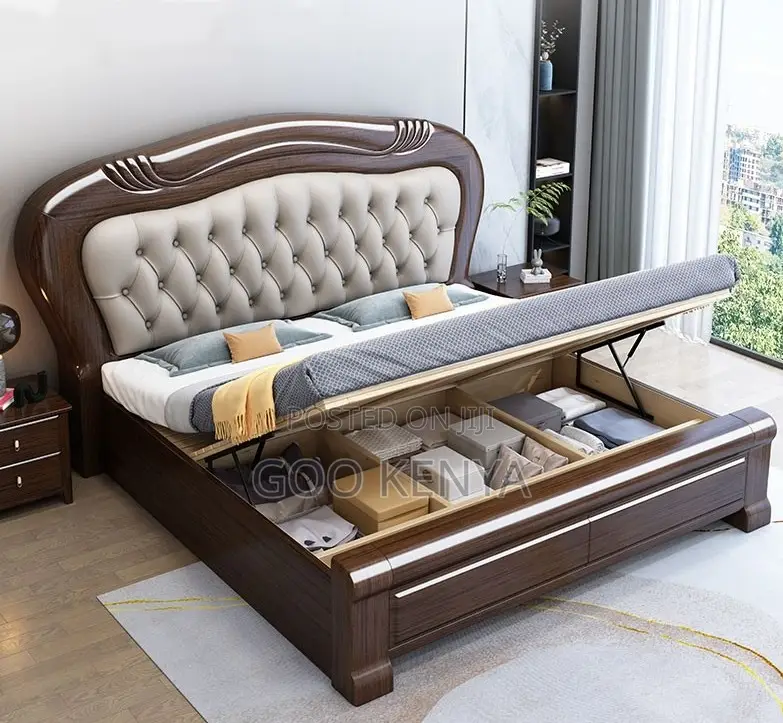 Home Bed; Contemporary Double Bed With Soft Upholstery Storage