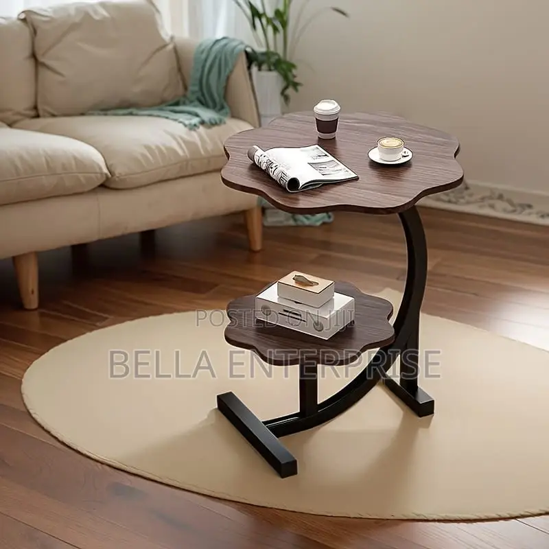 Wooden Wavy Top Bottom Metallic Crescent Frame 2 Layer Table
