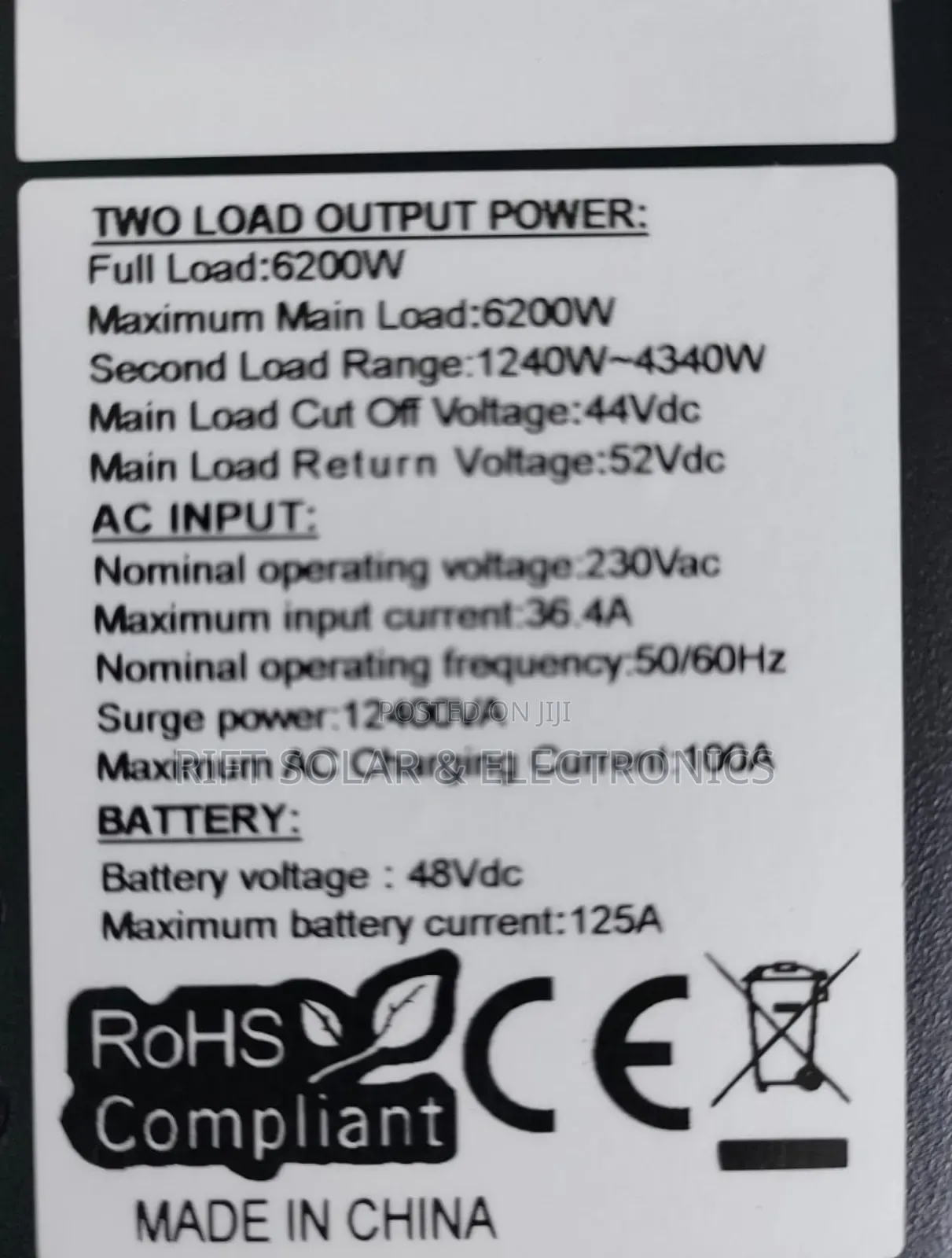 6.2kva - 48v Solarmax Hybrid Inverter 450 VDC - 100a Charging Current
