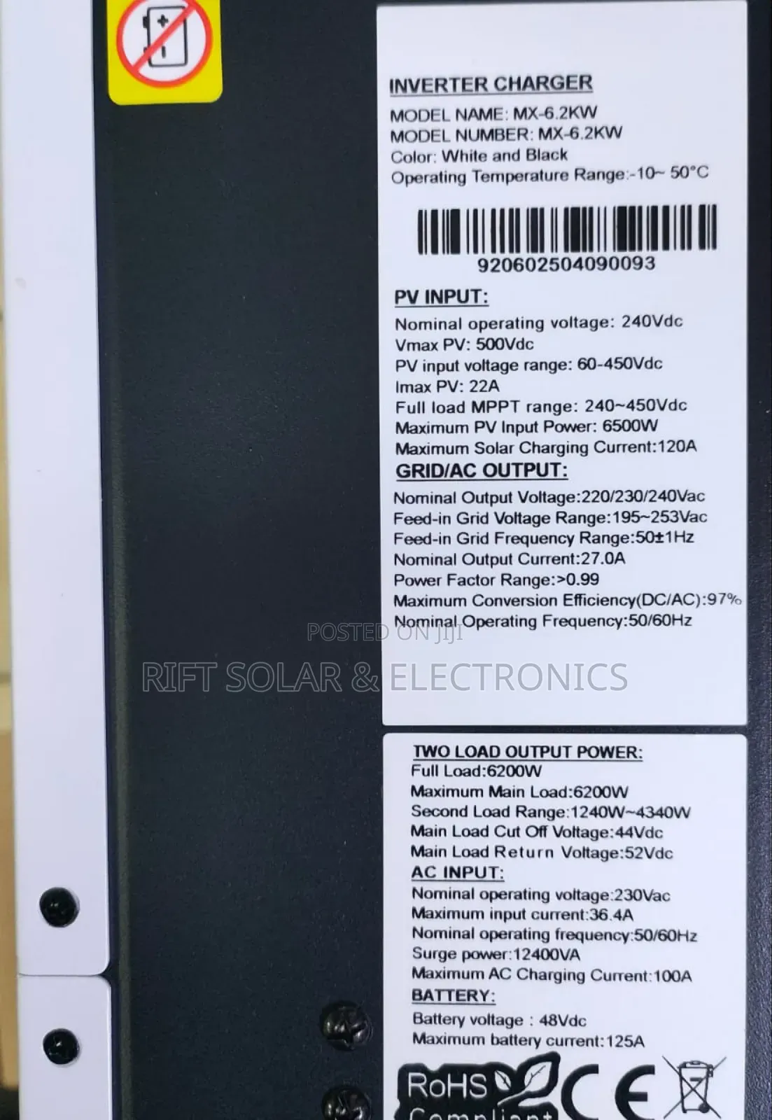 6.2kva - 48v Solarmax Hybrid Inverter 450 VDC - 100a Charging Current