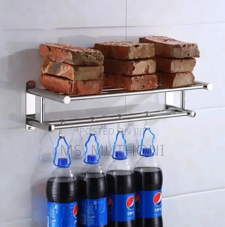 60cm Wall-Mounted,Double-Layer Stainlesssteel Towel Rack With Hooks.
