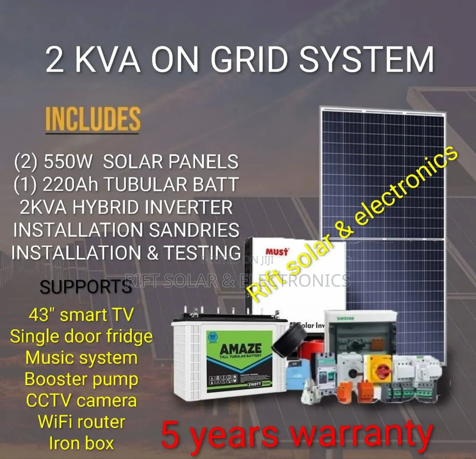 2kva Off-Grid Solar System - (2)550w Solar Panels - 220ah Wet Battery