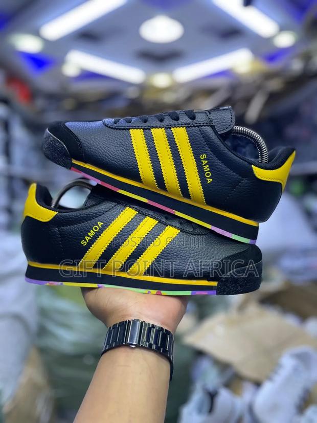 Black Adidas Samoa Sneakers With Yellow Stripes - main view