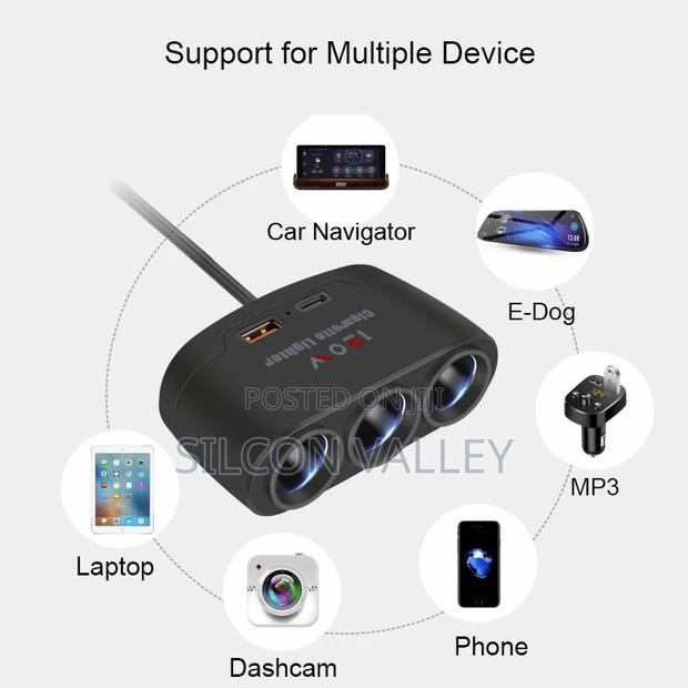 3-in-1 Dual Usb 120w Car Cigarette Lighter Splitter 12v