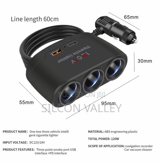 3-in-1 Dual Usb 120w Car Cigarette Lighter Splitter 12v - thumbnail 2