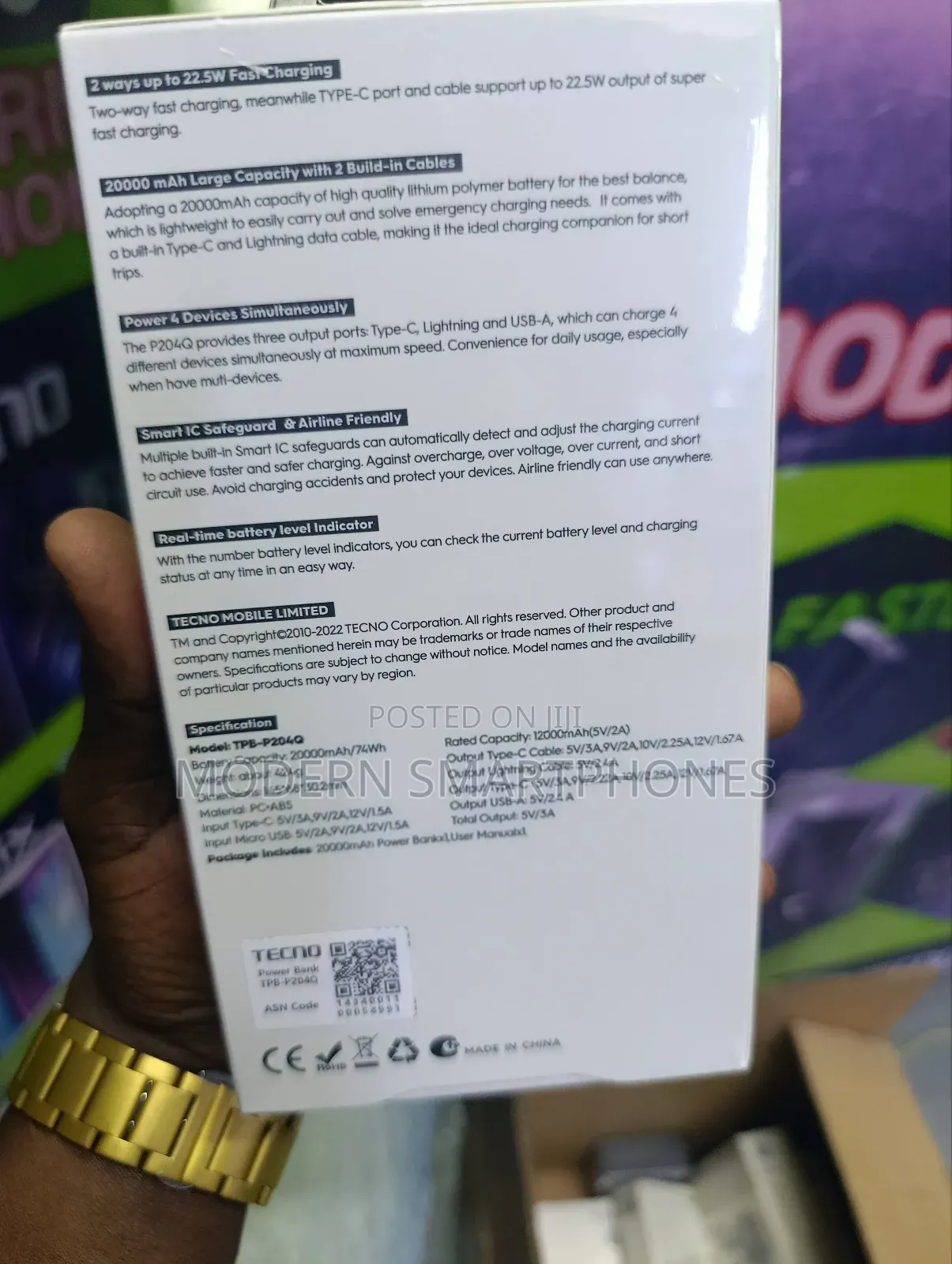 Tecno 20000 Mah Portable Powerbank 22.5w Fast Charging Power Bank