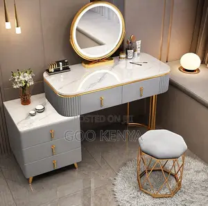 Home Dressing Table; Elegant Makeup Vanity — Wood Marble Countertop