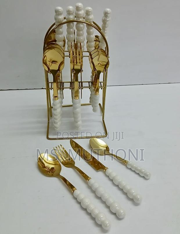 24-Piece Gold-Finished Stainless Cutlery Set W White Ceramic Handle - thumbnail 2