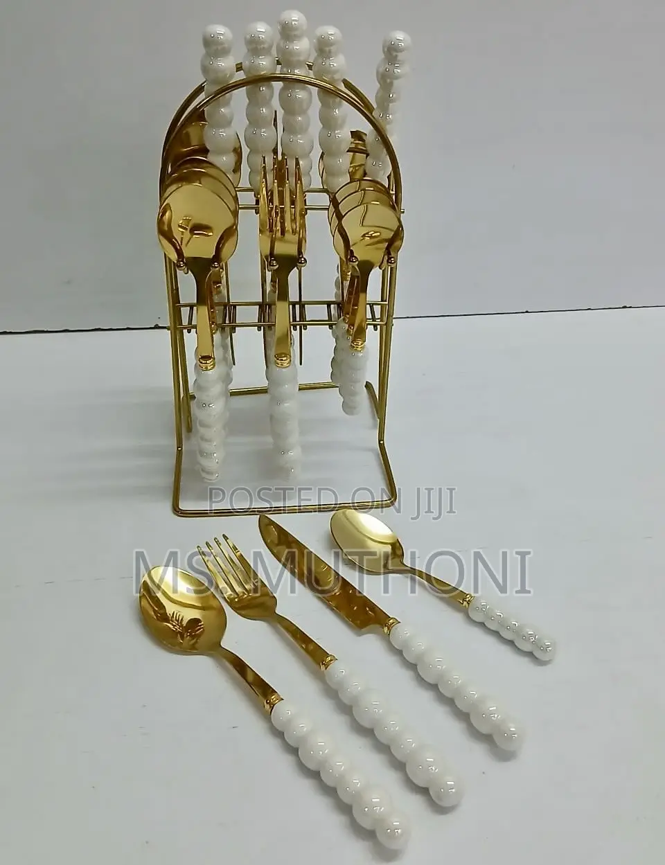 24-Piece Gold-Finished Stainless Cutlery Set W White Ceramic Handle