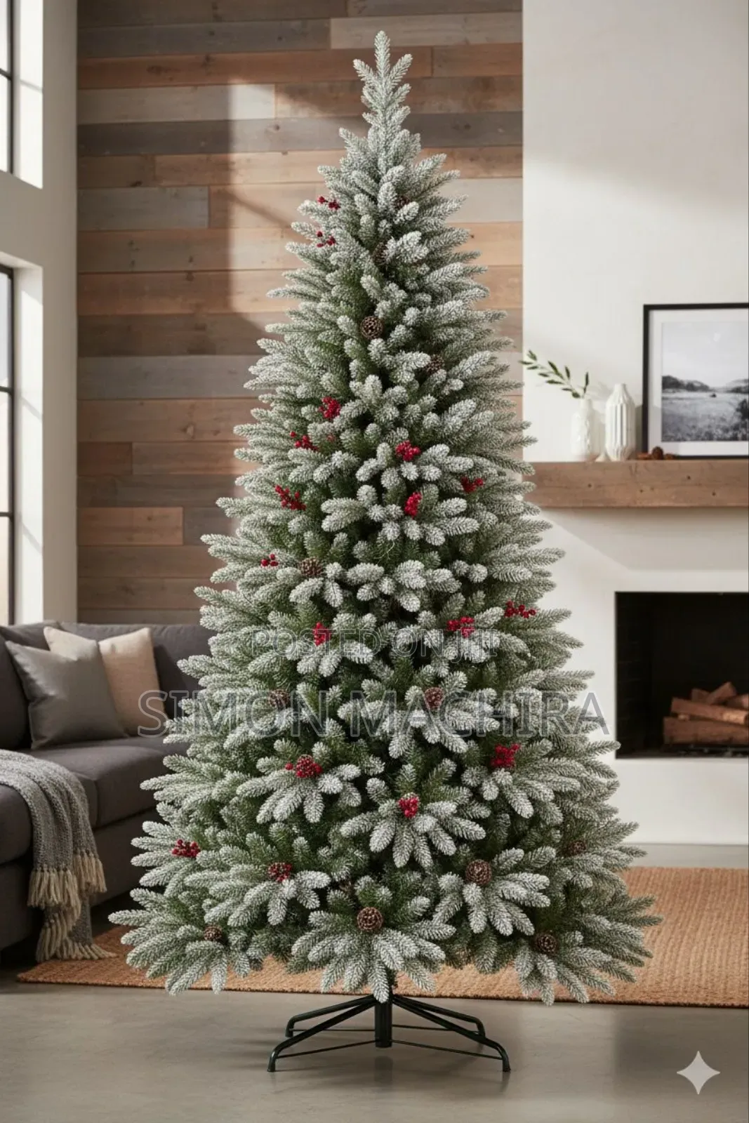 Pine Snow Flocked Christmas Tree With Cone and Berries 7ft