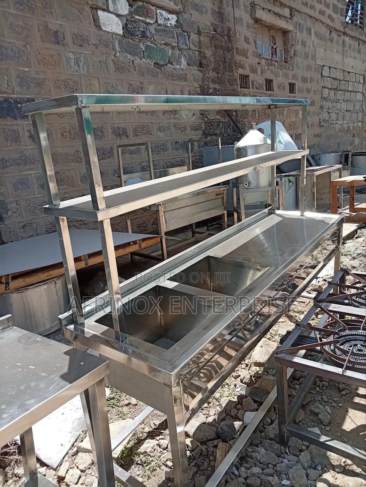 Double Sink, Stainless Steel With Overhead Shelves