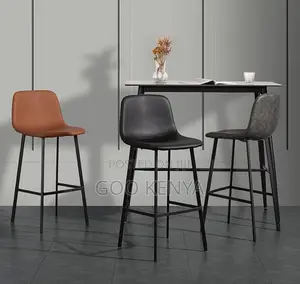Home Stool; Modern Luxury Bar Stool — Brown Leather, Black Metal Base
