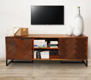 Home Tv Cabinet; Designer Entertainment Stand, Wood and Metal Base