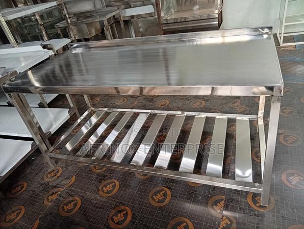 5ftsstainless Table, Kitchen Worktop Table With Rails Under Shelf - main view