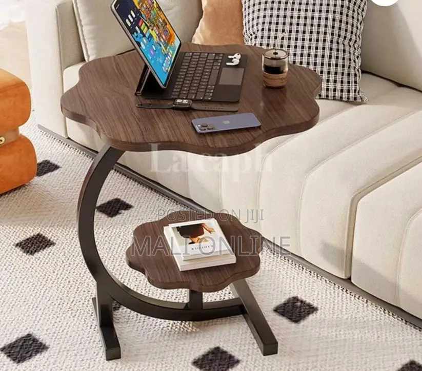 Flower Shaped 2-Tier C-Table Sofa Side End Table Wood Metal Frame