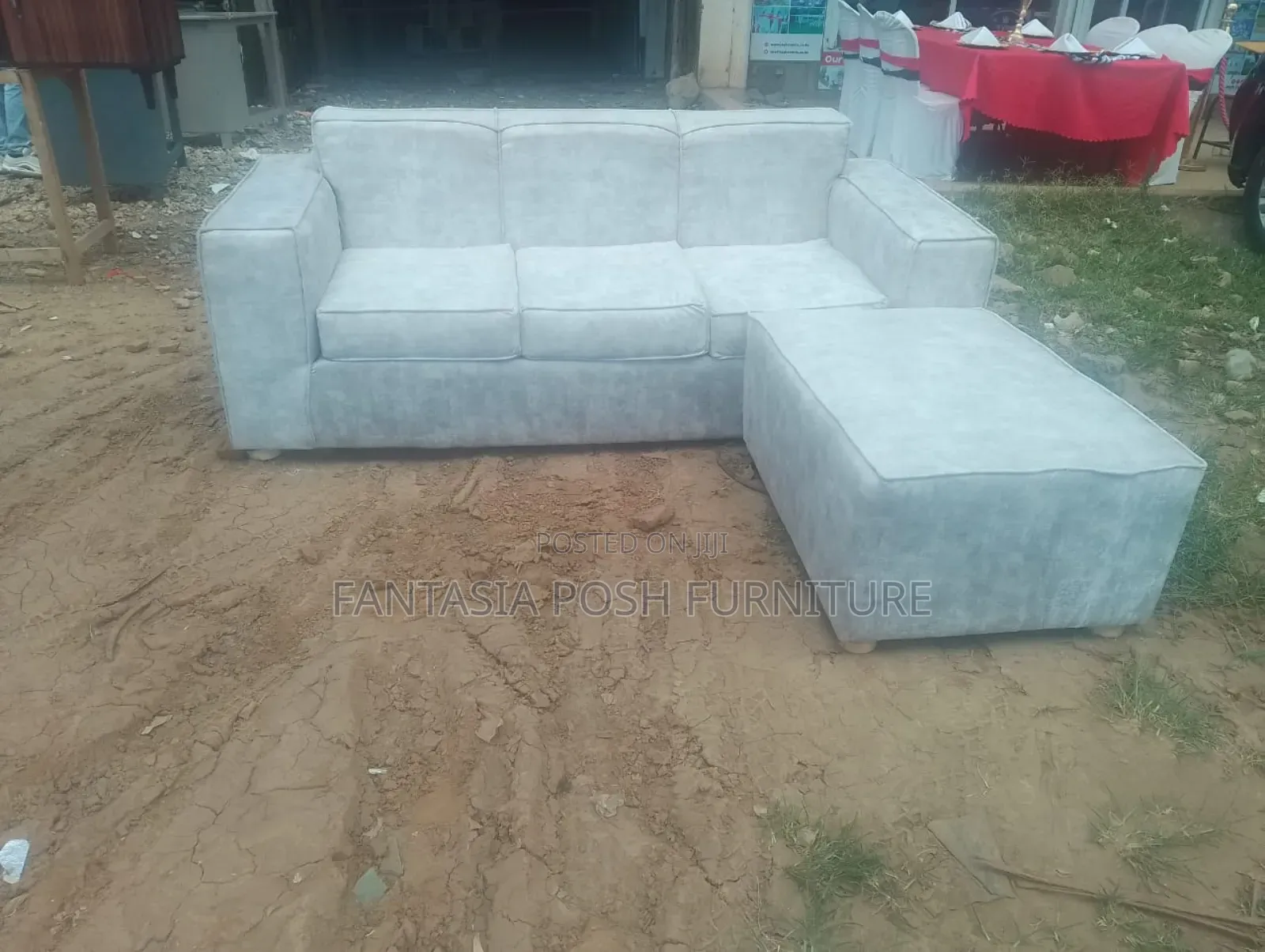 New 3 Seater Grey L-Shaped Sofa + Ottoman - Pay on Delivery