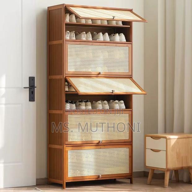 11 Layers Diy Bamboo Shoe Cabinet With Rattan-Style, Flip-Down Doors.
