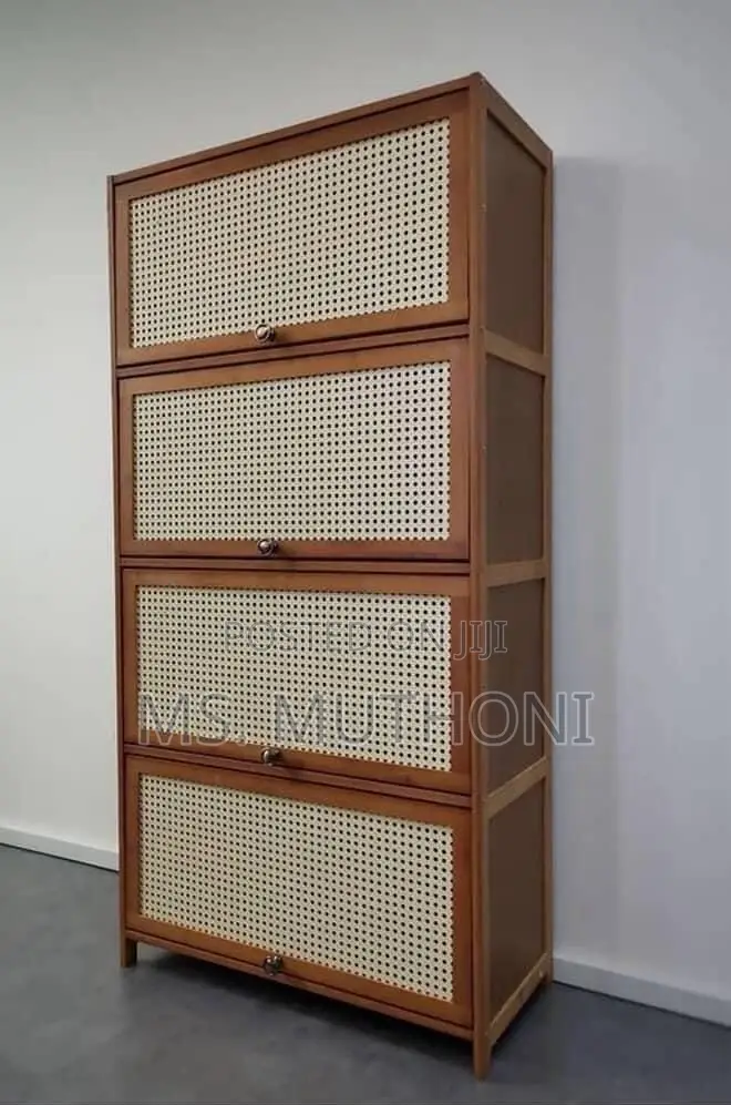 11 Layers Diy Bamboo Shoe Cabinet With Rattan-Style, Flip-Down Doors.