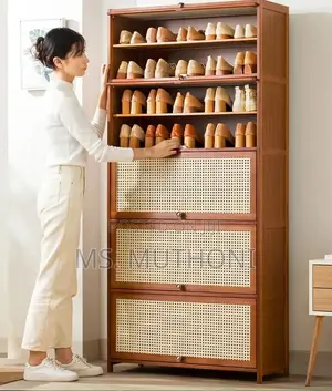 11 Layers Diy Bamboo Shoe Cabinet With Rattan-Style, Flip-Down Doors.