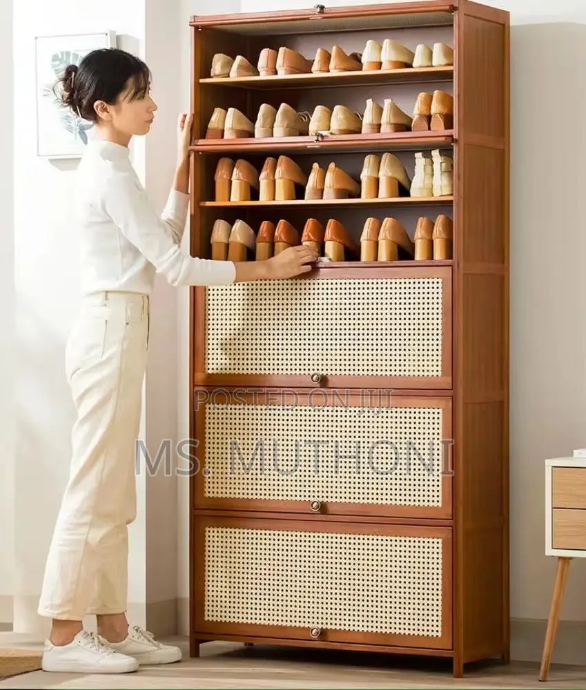11 Layers Diy Bamboo Shoe Cabinet With Rattan-Style, Flip-Down Doors.