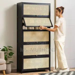 Black Diy Bamboo Shoe Cabinet With Rattan-style, Flip-down Doors