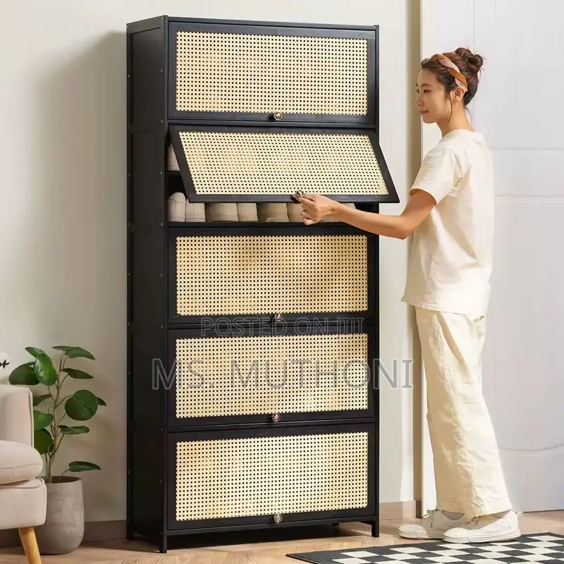 Black Diy Bamboo Shoe Cabinet With Rattan-style, Flip-down Doors