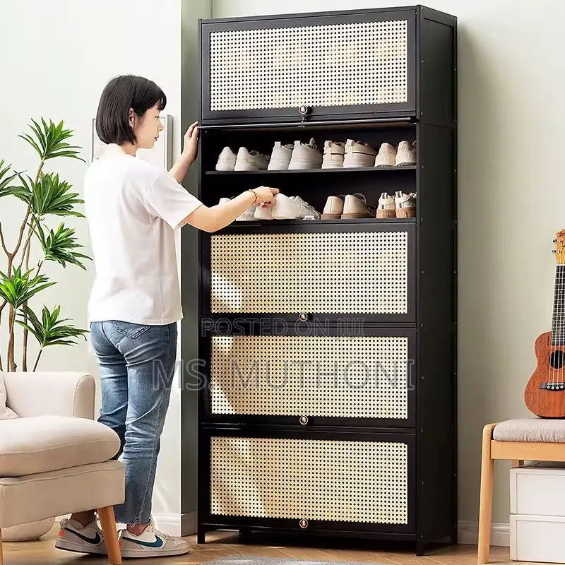 Black Diy Bamboo Shoe Cabinet With Rattan-style, Flip-down Doors