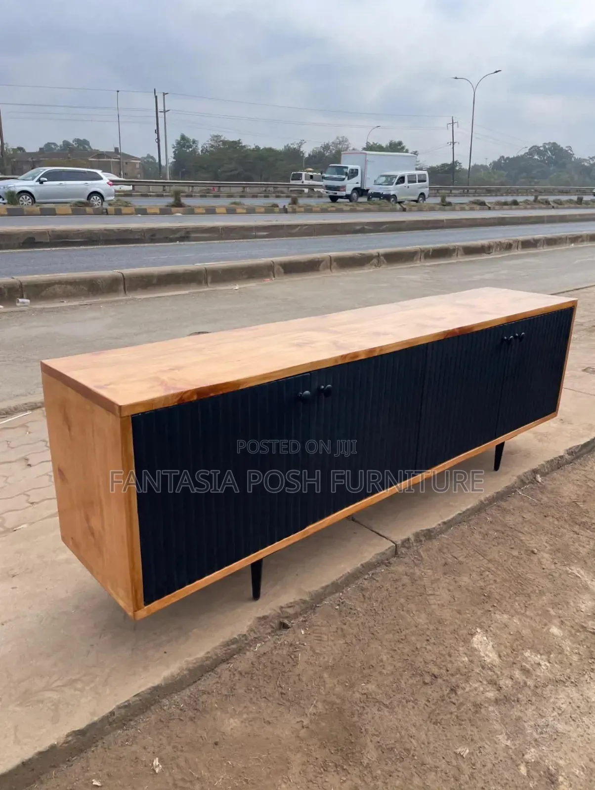 Wooden & Black Ribbed Sideboard