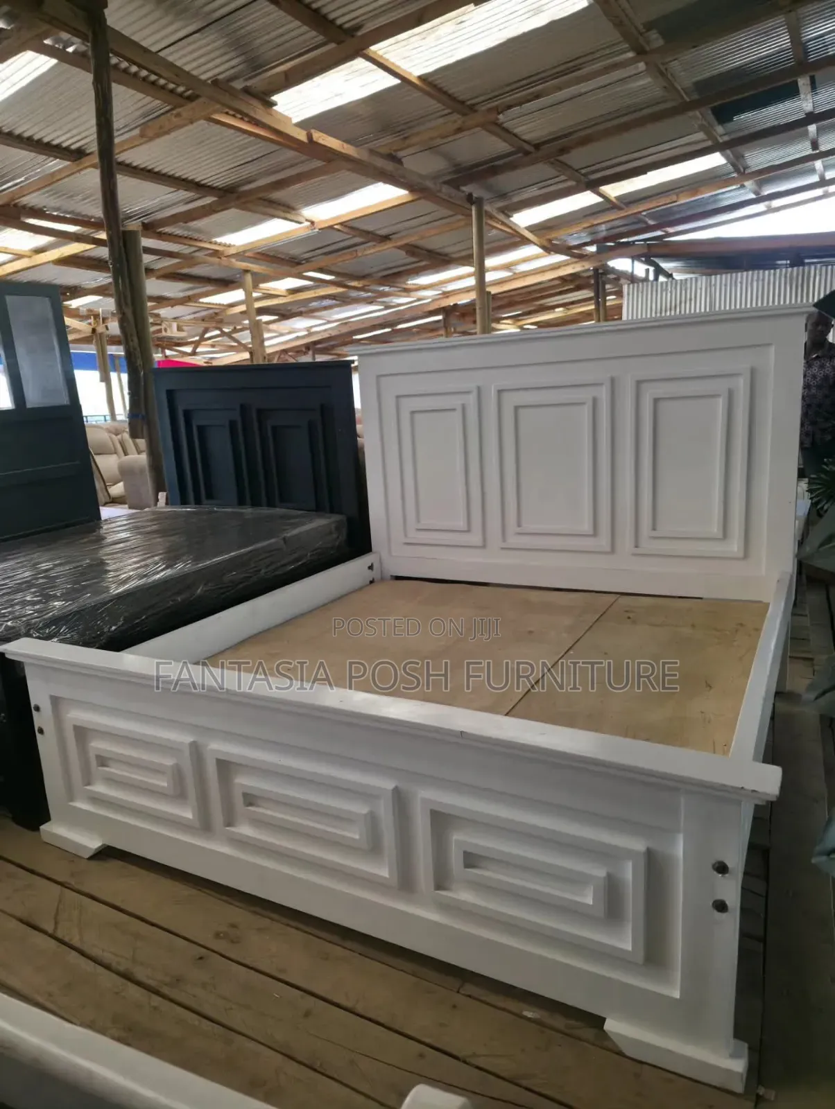 5x6 White Sturdy Panel-Carved Bed for Sale