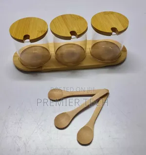3 In1 Glass Sugar Set With Bamboo Stand, Lids and Spoons