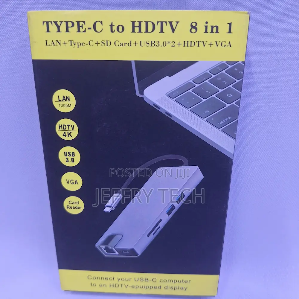 Type C Hub 8 in 1 Ports 1 Type C Pd,Hdmi , Lan Rj45, 2 Usb Port, 1 V