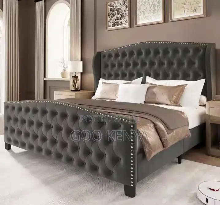 Home Bed; Designer Full-Size Bed With Upholstery and Solid Wood Base