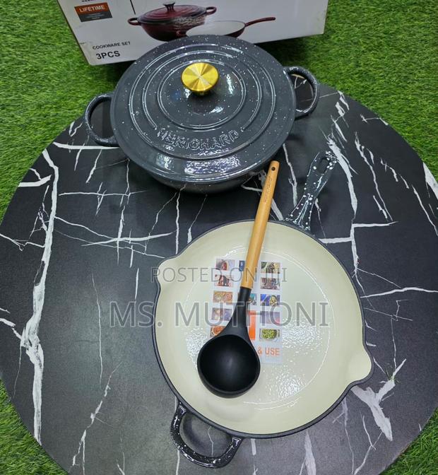 3pcs Cast Iron Lidded Pot (Cassadou/Deep Sauté Pan) a Frying Pan. - main view