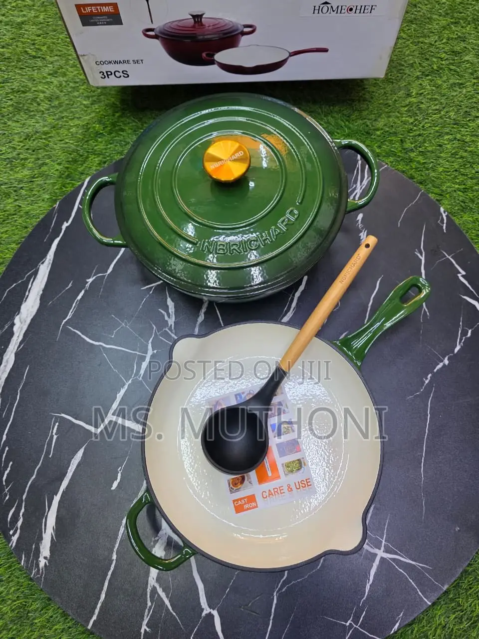 Green  Enamel Cast Iron Set; A Lidded Dutch Oven and a Skillet.