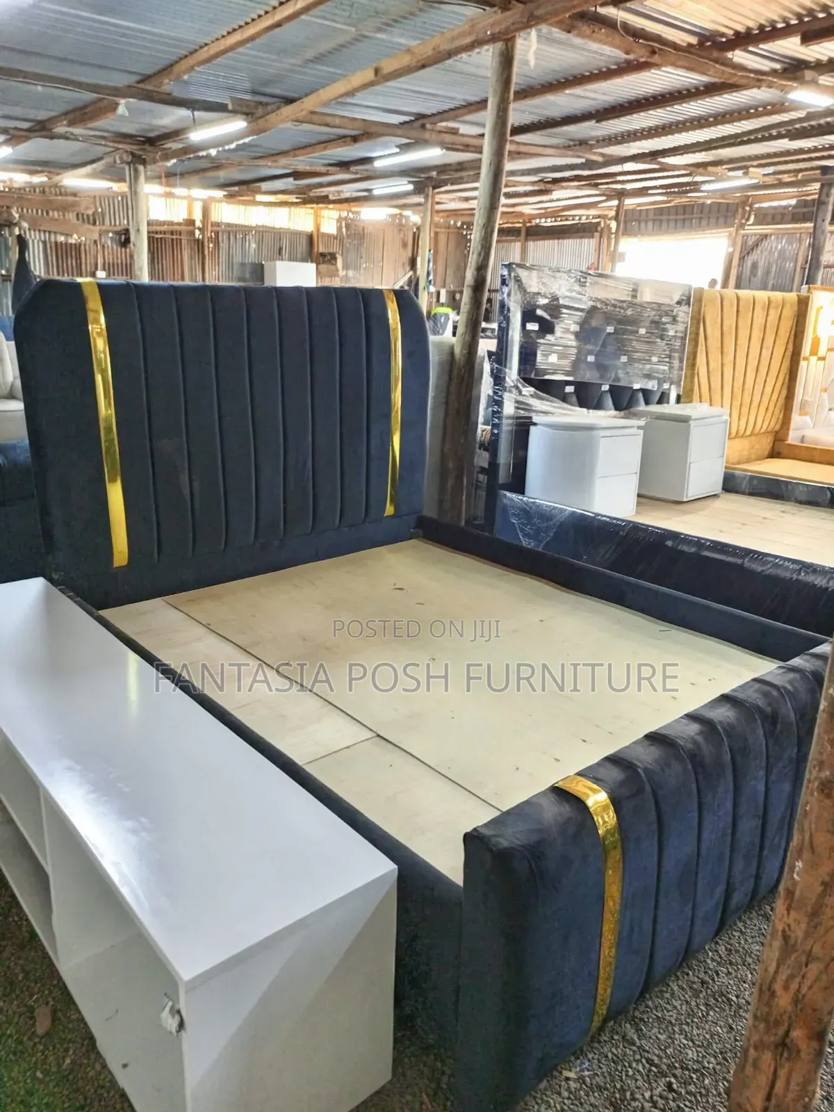 5x6 Navy Blue Bed With Gold Trim