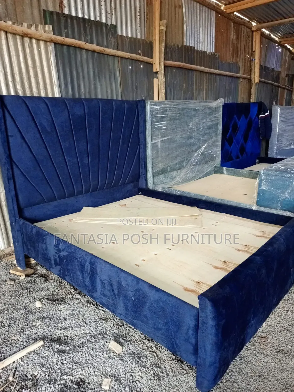 5x6 Navy Velvet Channel Bed - Free Delivery