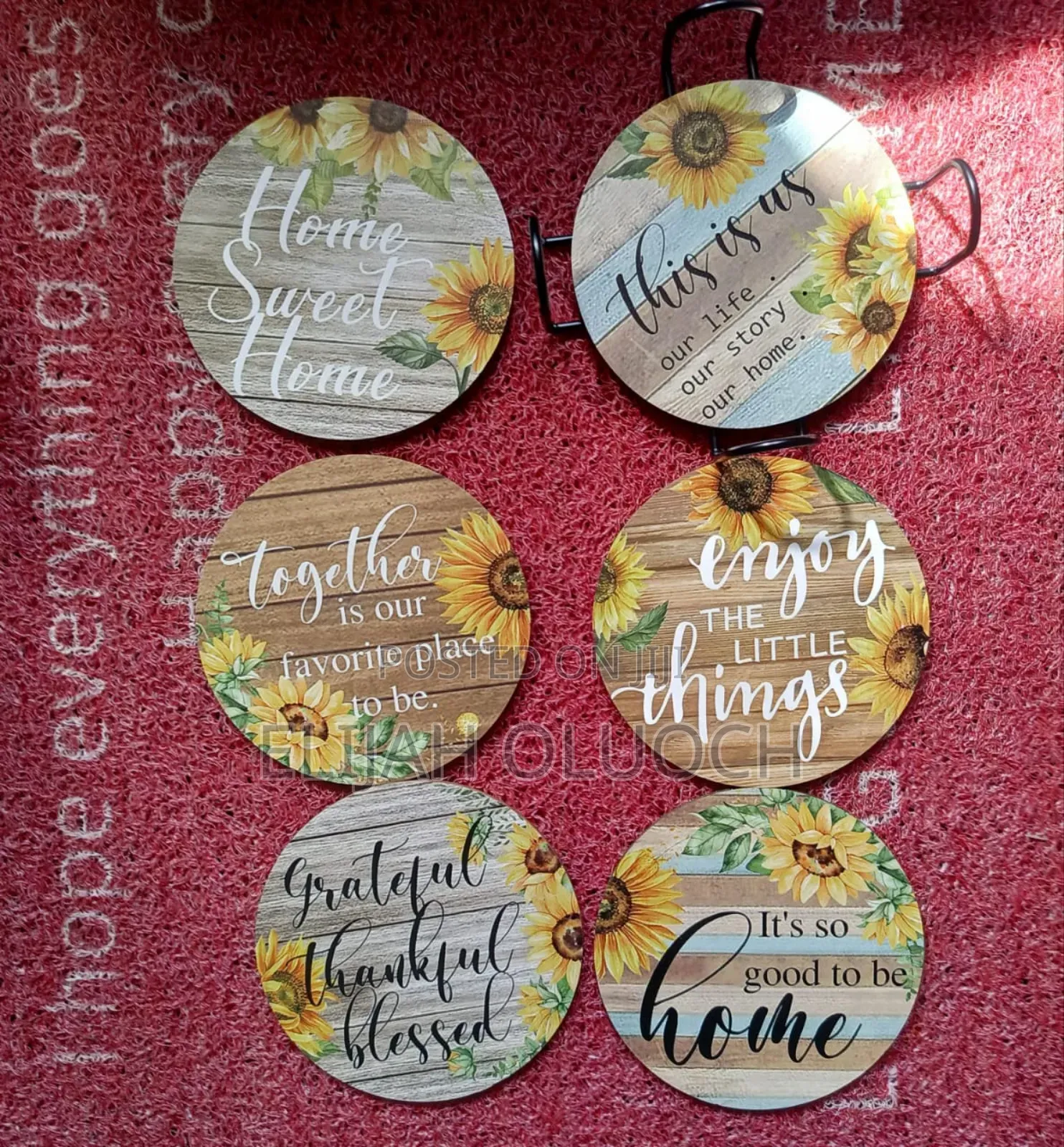 6pcs Rustic Wooden Drink Coasters With Metal Stand Holder*
