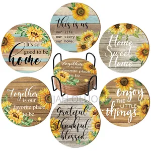 6pcs Rustic Wooden Drink Coasters With Metal Stand Holder*
