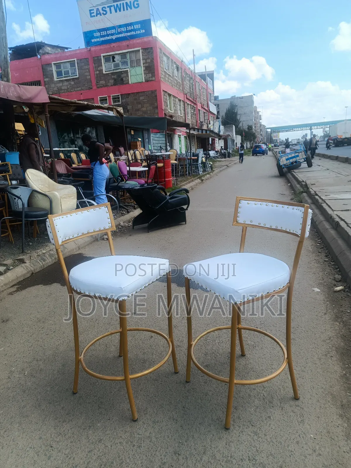 Modern High Bar Chairs, White and Gold
