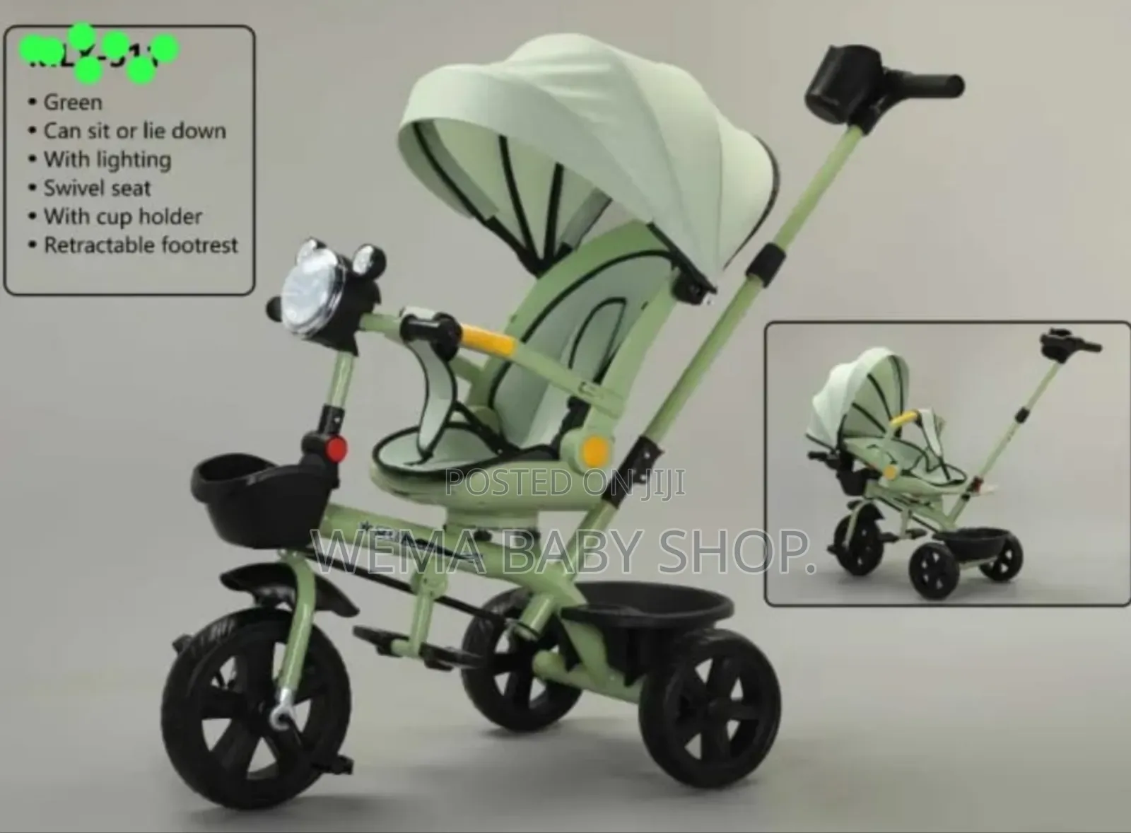 Baby Tricycle With Swivel Seat/Lights/Retractable Footrest