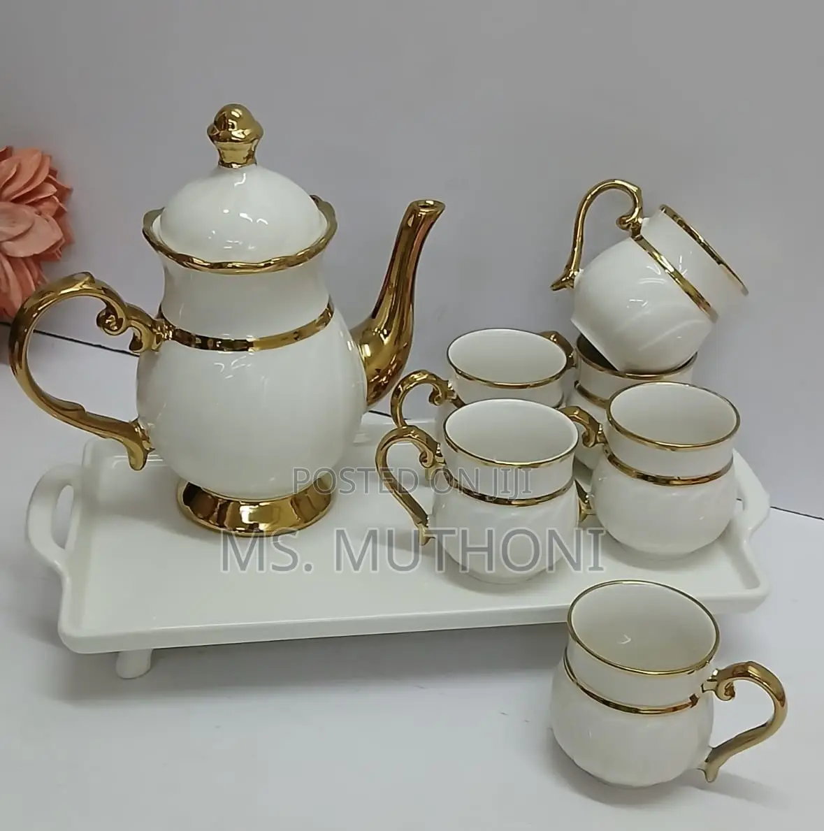 White and Gold Porcelain Ceramic Tea Set.