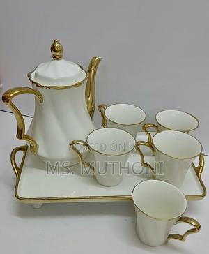 8 Piece White Ceramic Tea Set With Golden Rim - thumbnail 2
