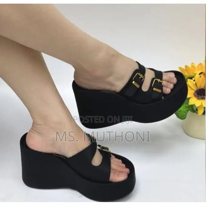 Black/Red / Purple Double-Buckle Platform Wedge Sandals.