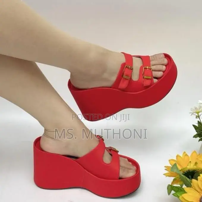 Black/Red / Purple Double-Buckle Platform Wedge Sandals.