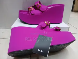 Black/Red / Purple Double-Buckle Platform Wedge Sandals.