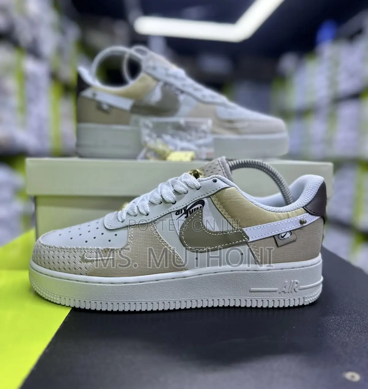 Nike Air F 1 Low Bling Sneaker in a Tan/Summit White Colorway ; 38-45