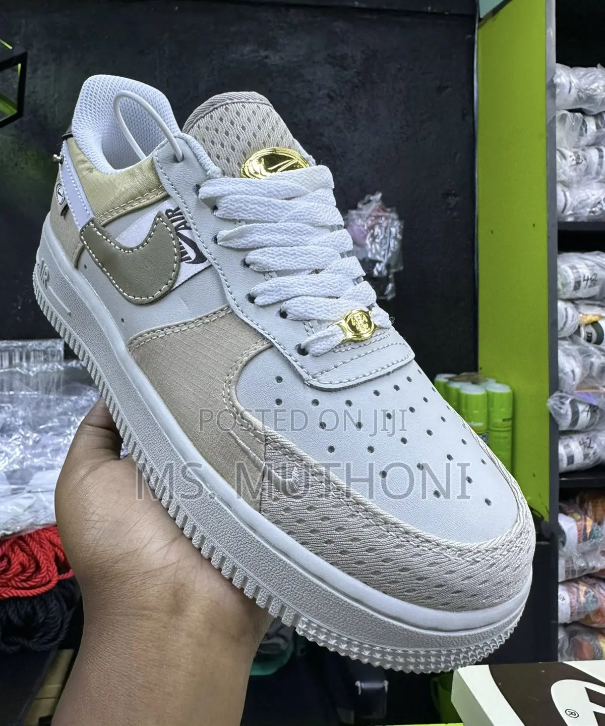 Nike Air F 1 Low Bling Sneaker in a Tan/Summit White Colorway ; 38-45