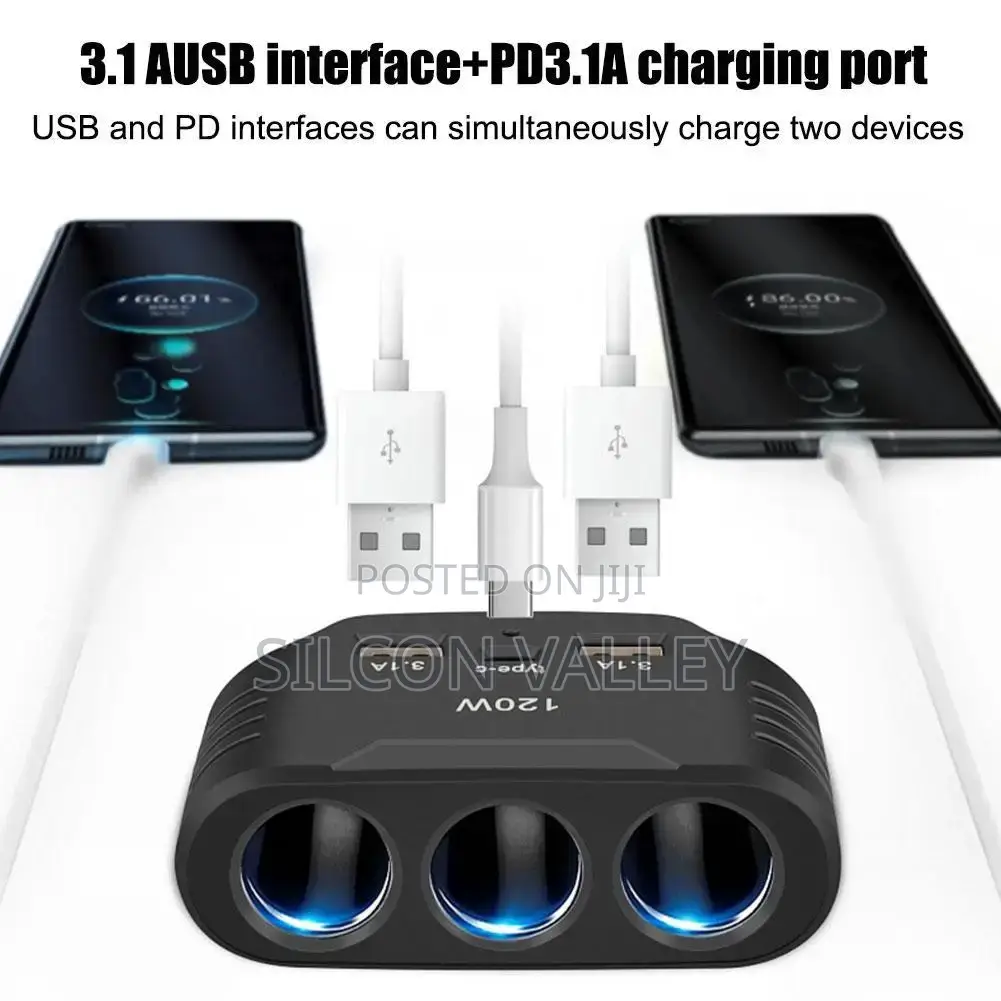 3 in 1 Usb Socket 120w Car Cigarette Lighter Splitter 12v Fast Charger